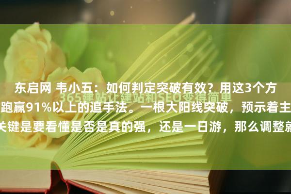东启网 韦小五:如何判定突破有效?用这3个方法轻松追踪趋势,还能跑赢91%以上的追手法。一根大阳线突破,预示着主力有动作,关键是要看懂是否是真的强,还是一日游,那么调整就是最好的观察窗口。不是说光看突破...